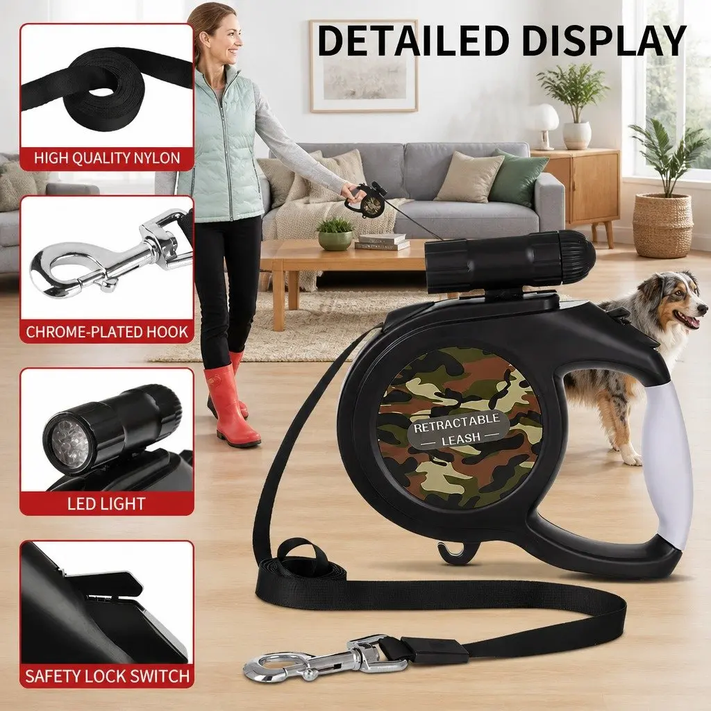 Pet Auto-Retractable Leash 8 Metres with Flashlight Green Camo Dog Walking Lead