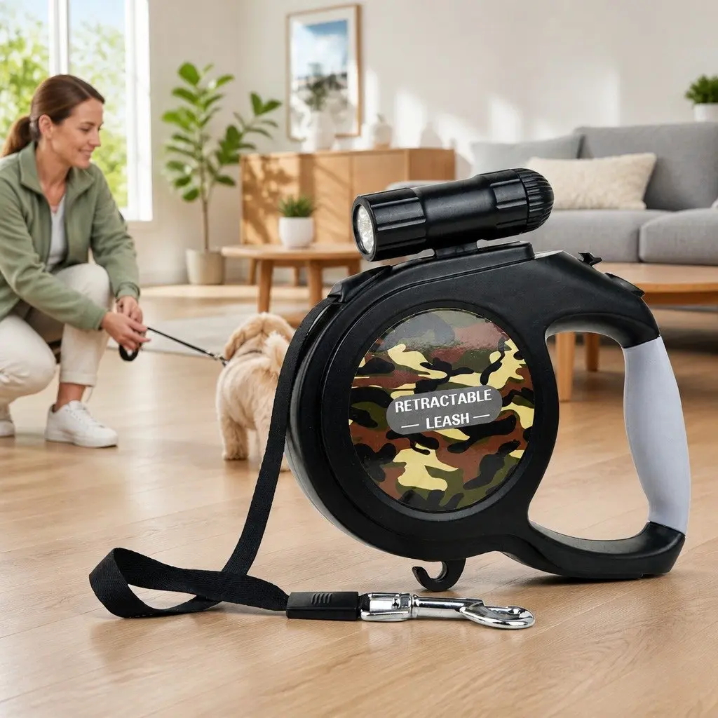 Pet Auto-Retractable Leash 8 Metres with Flashlight Green Camo Dog Walking Lead