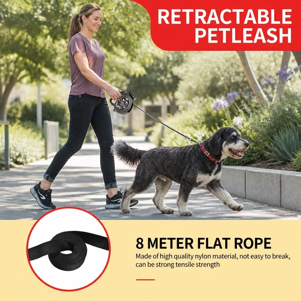 Pet Auto-Retractable Towing Rope Leash 8m with Built-in Flashlight Light Dog
