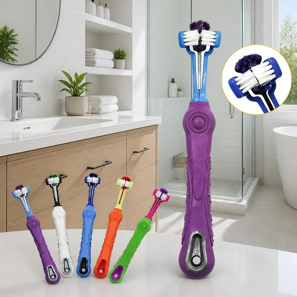 Three-Head Dog Cat Toothbrush Multi-Angle Oral Cleaning Pet Care Tool Orange