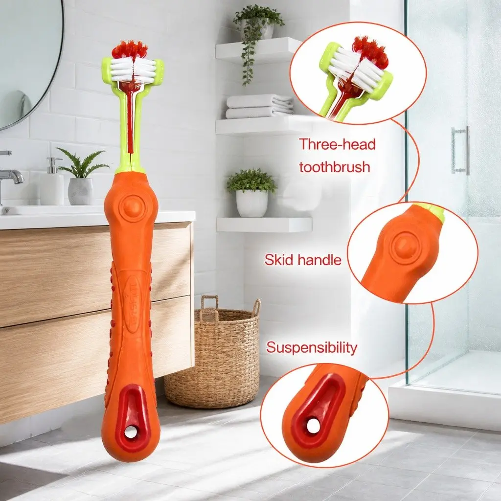 Three-Head Dog Cat Toothbrush Multi-Angle Oral Cleaning Pet Care Tool Orange
