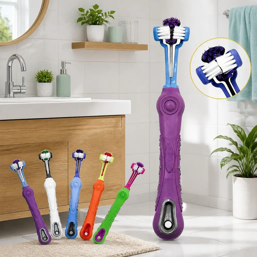 Pet Oral Care Three-Head Multi-Angle Dog Cat Toothbrush Cleaning Tool White