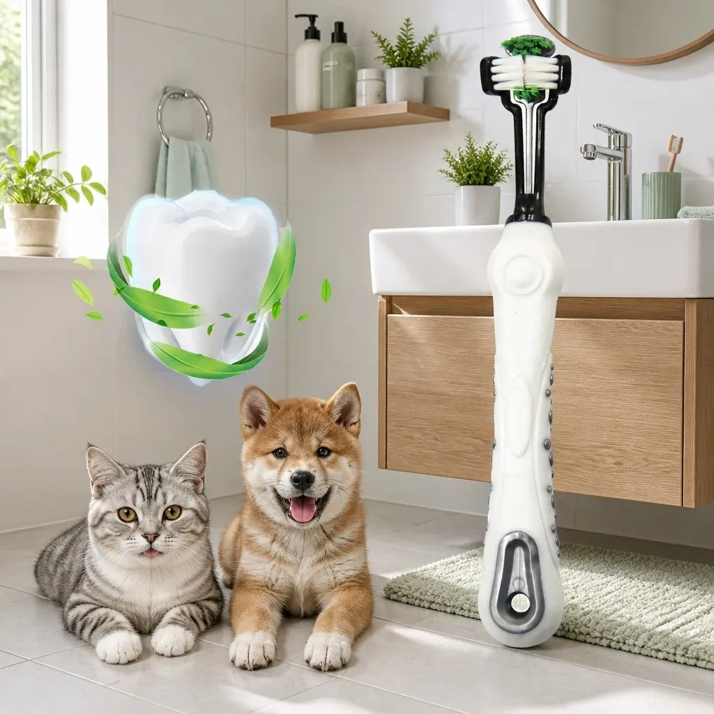Pet Oral Care Three-Head Multi-Angle Dog Cat Toothbrush Cleaning Tool White