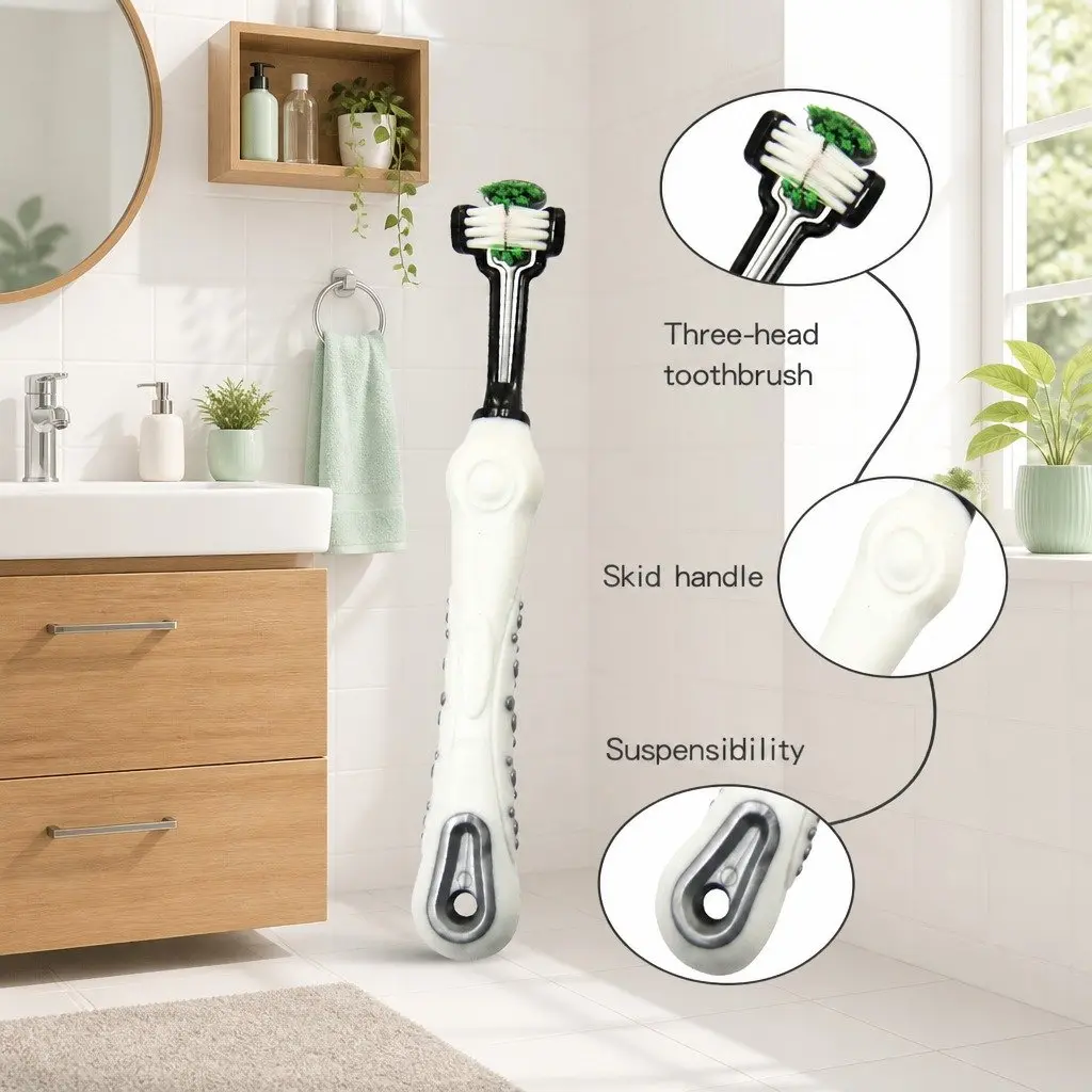 Pet Oral Care Three-Head Multi-Angle Dog Cat Toothbrush Cleaning Tool White