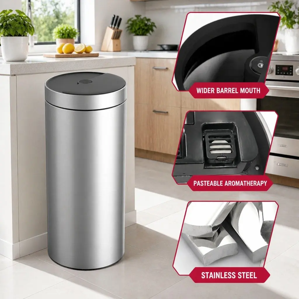 40L Touchless Stainless Steel Kitchen Trash Can Automatic Sensing Waste Bin