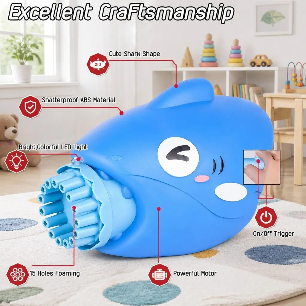 Bubble Gun Shark Automatic Hand-Held Toy Machine Outdoor Bubble Maker 15 Holes