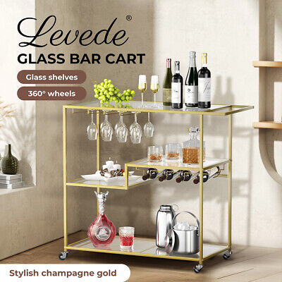 Levede Bar Cart Gold Drinks Serving Trolley Wine Rack Glass Holder Kitchen Party