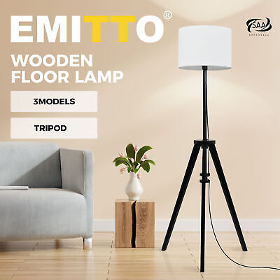 Emitto Floor Lamp Modern Tripod Night Reading Light Wooden Stand Black Shaded