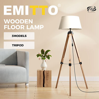 Emitto Tripod Floor Lamp Reading Light Adjustable Wooden Stand White Shade