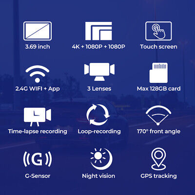 Dash Camera Wifi 4K Front 1080P Rear Inside 3 Lens Car Video Recorder GPS 128G