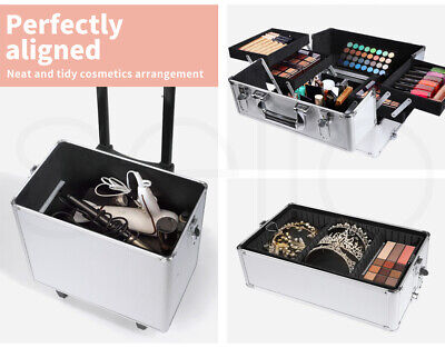 7 in 1 Rolling Makeup Case Professional Plastic Cosmetic Organizer Box Silver