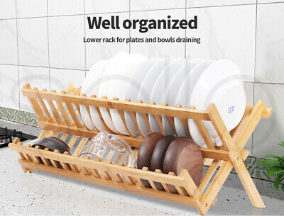 Toque Dish Rack Bamboo Foldable Drainer Drying Holder Plate Utensil Cultery Tray