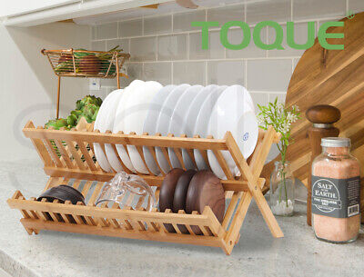 Toque Dish Rack Bamboo Foldable Drainer Drying Holder Plate Utensil Cultery Tray
